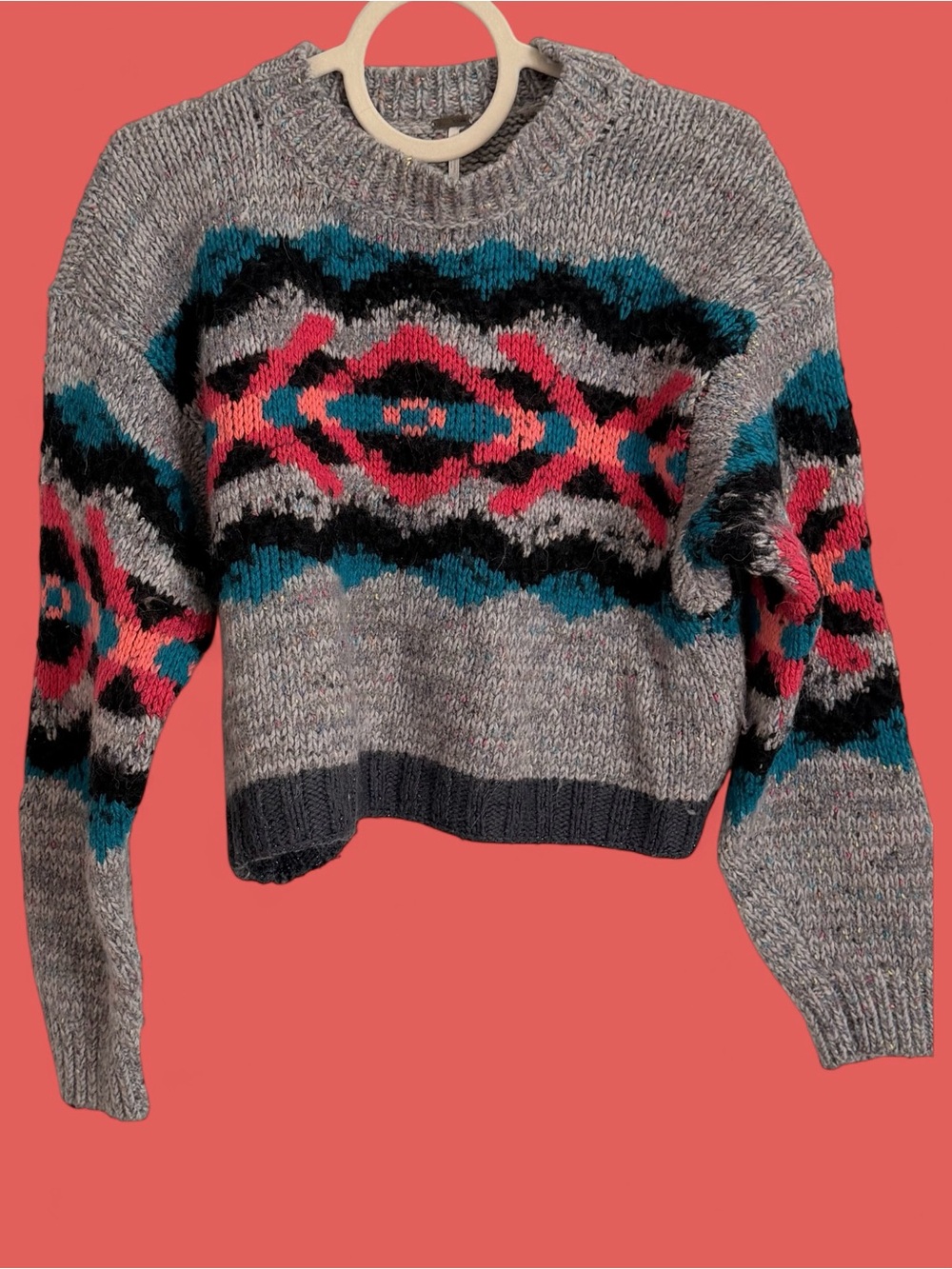 Free People “I heart You” Cropped Fair Isle/Aztec Knit Sweater Size Small